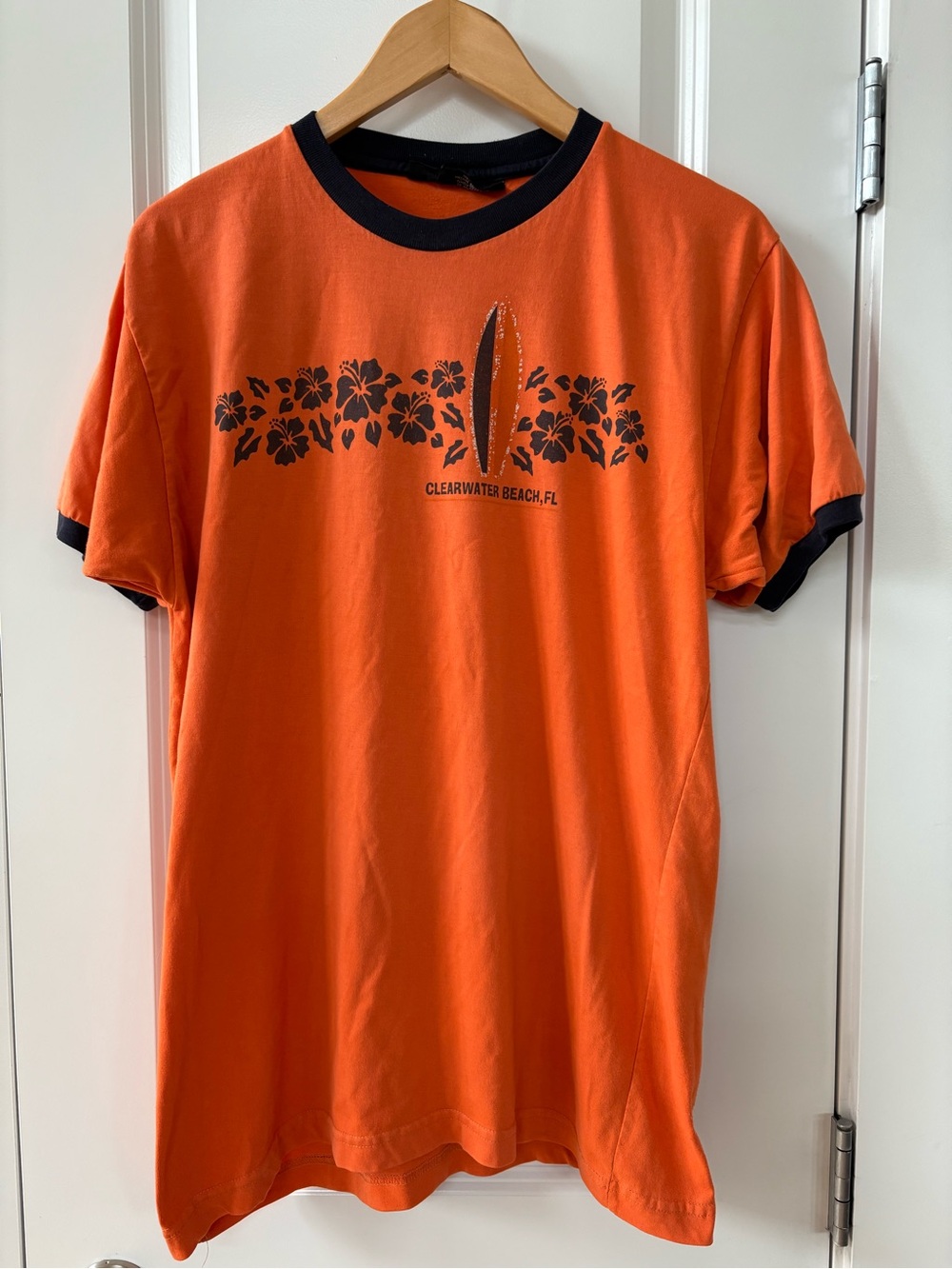 Y2K Vintage Surfer Orange Ringer Tee w Surfboard & Hibiscus Large Florida